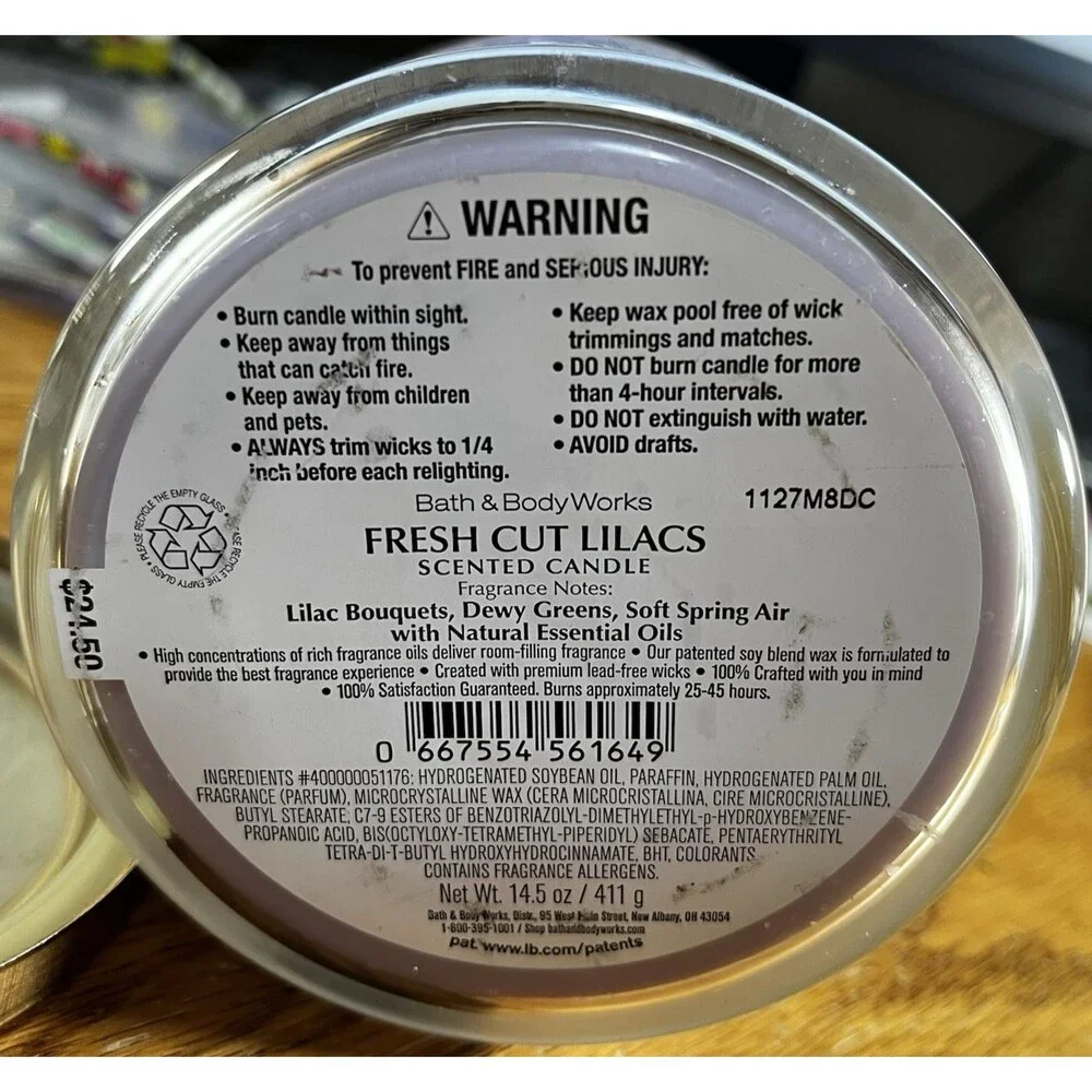 Bath & Body Works Fresh Cut Lilacs Scented 3 Wick Candle Natural Essential Oils - Picture 3 of 4
